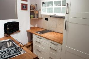 塞扎纳Studio Doroteja的厨房配有白色冰箱和木制台面