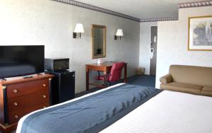 密尔沃基密尔沃基温德姆旅程住宿的酒店的客房 - 带一张床、一台电视和一张书桌