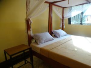 达累斯萨拉姆穆拉尼旅舍的一间卧室配有一张带天蓬和桌子的床