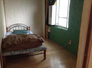 那霸旭日旅馆的一间卧室设有一张带绿色墙壁和窗户的床。