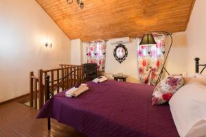罗德镇老城邻区公寓的一间卧室设有紫色的床和木制天花板