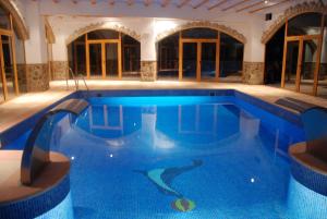 圣地亚哥德拉埃斯帕达胡斯皮迪利亚利欧苏姆塔Spa酒店的一座大型游泳池,水中有鲨鱼