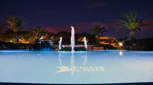 斯培基奥拉Camping Villaggio Pineta Al Mare的棕榈树的夜间大型游泳池