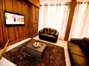 坎皮纳斯图兰斯怀特酒店的客厅配有2把皮椅和电视