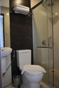 SantiagoMango Suites - Isabela的一间带卫生间和玻璃淋浴间的浴室