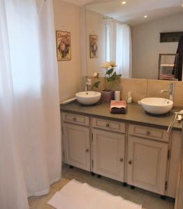 ChâteneyLa Maison de Jeanne的一个带两个盥洗盆的柜台浴室