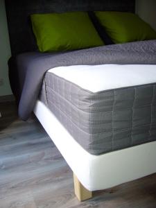 蒙彼利埃Appartements Azema的一张带灰色和白色床垫的床铺,上面有灯光