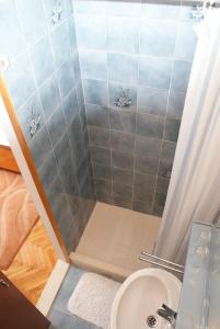 科尔丘拉Korčula Guest House的带淋浴、卫生间和盥洗盆的浴室