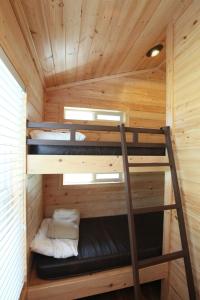 WillisLake Conroe Two-Bedroom Cabin 13的小屋配有两张双层床。