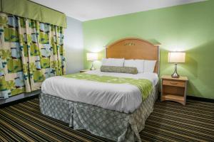 温特黑文Rodeway Inn & Suites Winter Haven Chain of Lakes的酒店客房设有一张大床和两盏灯。