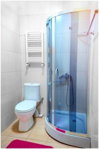 第比利斯大利达酒店的一间带卫生间和玻璃淋浴间的浴室