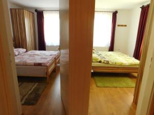佐洛卡罗斯XXL Apartman的一间卧室设有两张床和两个窗户。