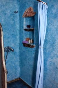 基奥尼亚Castria studios的蓝色的浴室设有蓝色墙壁和淋浴