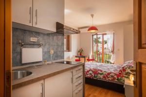 扎布拉切Ava apartmani的一个带水槽的厨房和一张位于客房内的床