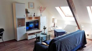 凯沃拉尔戈尔登杜科酒店的客厅配有蓝色的沙发和电视