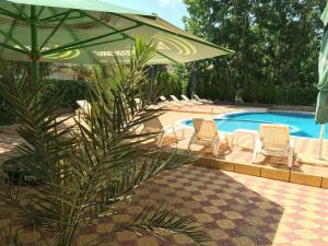 阳光海滩Beatris Family Hotel的绿色遮阳伞和椅子以及游泳池