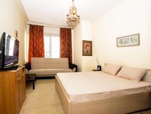 莫斯科克勒穆里奥斯卡亚公寓式酒店的一间卧室配有一张床、一张沙发和一台电视