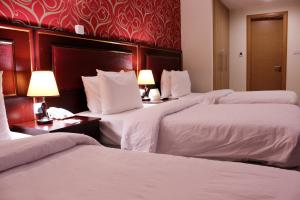 迪拜蒙特利尔纳伊夫酒店的酒店客房设有三张床和两盏灯。