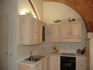 博恩孔文托Monolocale a Buonconvento的一个带木制橱柜和水槽的厨房