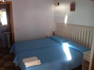 博罗尼亚Hostal Rios的一间卧室配有蓝色的床和毛巾