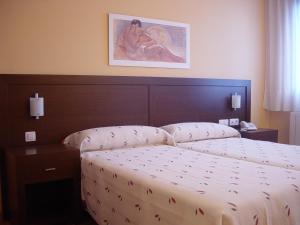 布尔戈斯阿康托酒店的卧室配有一张床,墙上挂着一幅画