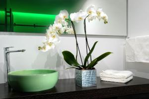 帕尔马诺瓦都市潮流旅馆的浴室内的一个绿色碗和白色花