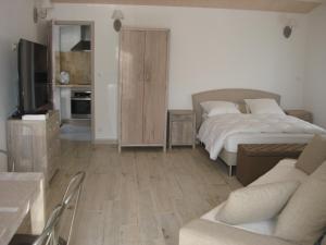 雷岛圣玛丽Locations Ile de Ré的一间卧室配有一张床、一张沙发和一台电视。