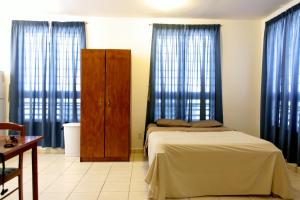 威廉斯塔德橙色伦勃朗公寓式酒店的一间卧室配有床和蓝色窗帘