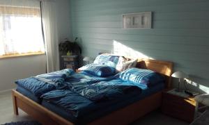 瑙德斯Haus Sagl的卧室内的一张带蓝色床单和枕头的床