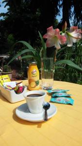 卡萨尔普斯泰尔伦戈Hotel Due Fontane的黄桌,咖啡和饮料