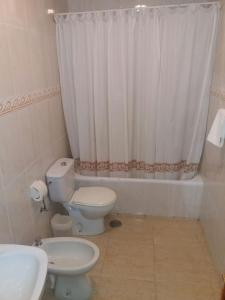 布鲁内特Hostal Jose Luis的一间带卫生间和淋浴帘的浴室