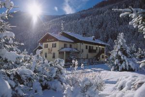 瓦尔迪登特罗Rosengarden Alpine Residence的雪中的房子,有雪覆盖的树木