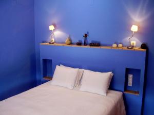赫里卡夏里科娃酒店的蓝色卧室配有带白色枕头的床
