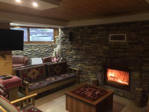 艾德亚耶拉西Ayder Umit Hotel的客厅设有壁炉和沙发。