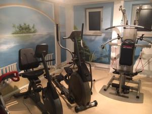 巴特赫尔斯费尔德豪斯公园酒店的健身房,室内有3辆健身自行车