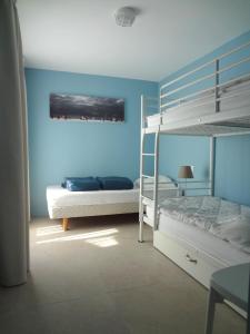 圣马洛孔什度假屋的一间卧室设有两张双层床和蓝色的墙壁