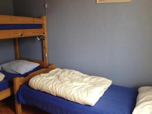 Kåravika索特拉岛洛尔布森特尔公寓式酒店的一间卧室配有两张双层床和一张蓝色的床。