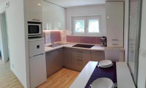 沃尼奥尔茨沃什海吉Judit Apartman的小厨房配有白色家电和粉红色的墙壁