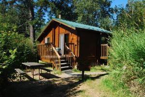 拉康纳La Conner Camping Resort Cabin 7的树林中的小屋,配有野餐桌和长凳