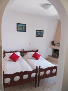 EmboriosKalotina's Apartments的一间卧室配有两张带红色枕头的床