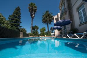 维迪堡索尔及塞拉酒店的一个带椅子和遮阳伞的游泳池,并种植了棕榈树