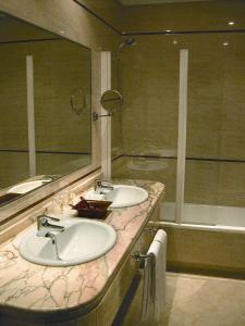 洛斯帕拉西奥西维利亚夫兰卡马诺洛梅奥酒店 的浴室设有2个水槽、镜子和浴缸。