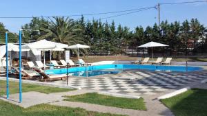 斯基罗斯岛美丽卡利酒店的一个带椅子和遮阳伞的游泳池