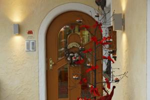 科尔福索Alpin Apartments Colfosco的红花的圣诞树门