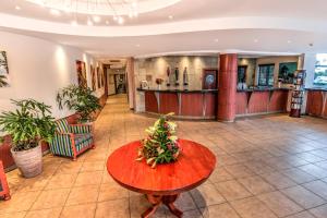 德班City Lodge Hotel Umhlanga Ridge的酒店大堂,上面有一张桌子,上面有圣诞树