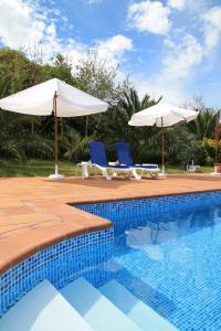 大里贝拉Atlantico Apartments的游泳池旁的两把白色遮阳伞和椅子