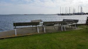 布雷格Ferienwohnungen Mola的三个长椅坐在靠近水面的码头上