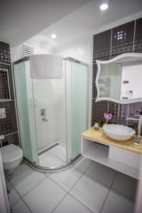 特拉布宗Air Suite Hotel的带淋浴、卫生间和盥洗盆的浴室