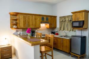 洛雷托Bugambilias Suites的厨房配有木制橱柜、桌子和冰箱。