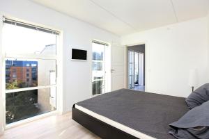 哥本哈根CITY, LUX APARTM - 2 FULL BATHROOMs, 1v的一间卧室设有一张床和一个大窗户